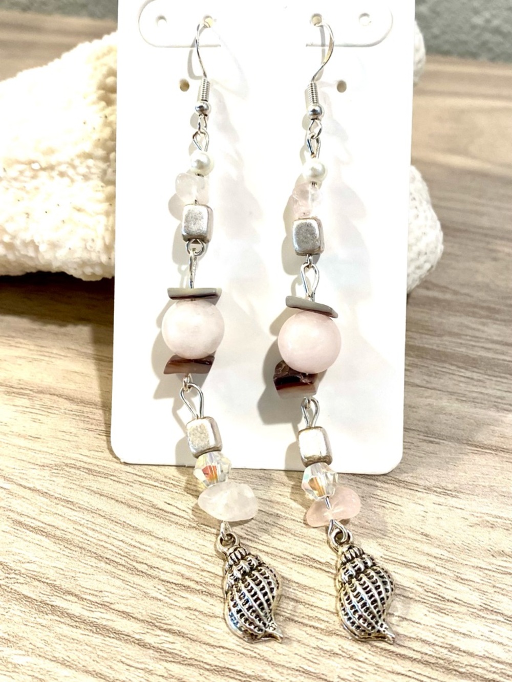 19. Handcrafted Pink Bead & Silver Shell Drop Earrings - Women Jewelry - Picture 1 of 2
